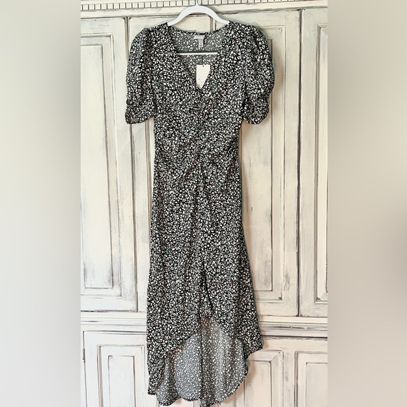 NEW! A NEW DAY High Lo Dress with Cinch Detailing Cream/Black/Green Print SMALL - Picture 4 of 10